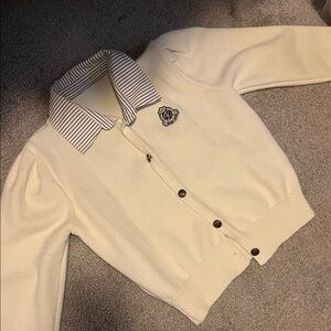 Women's Cream Cardigan with Striped Collar